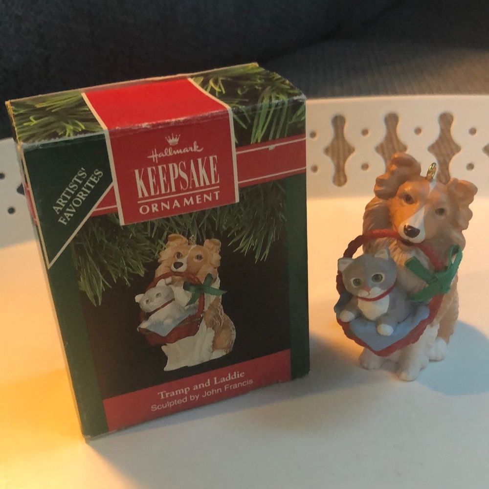 Vintage Hallmark 1991 Tramp and Laddie keepsake ornament in original box.